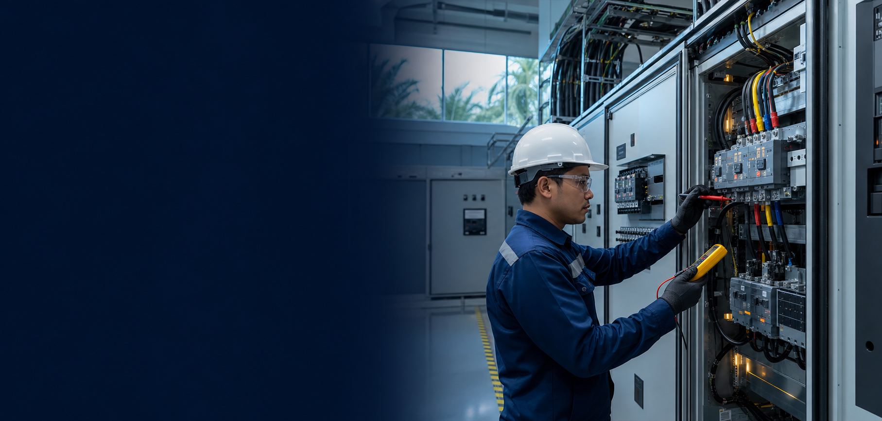 Teknisi kontraktor listrik memeriksa panel listrik industri PT Jurti Agung Mulia